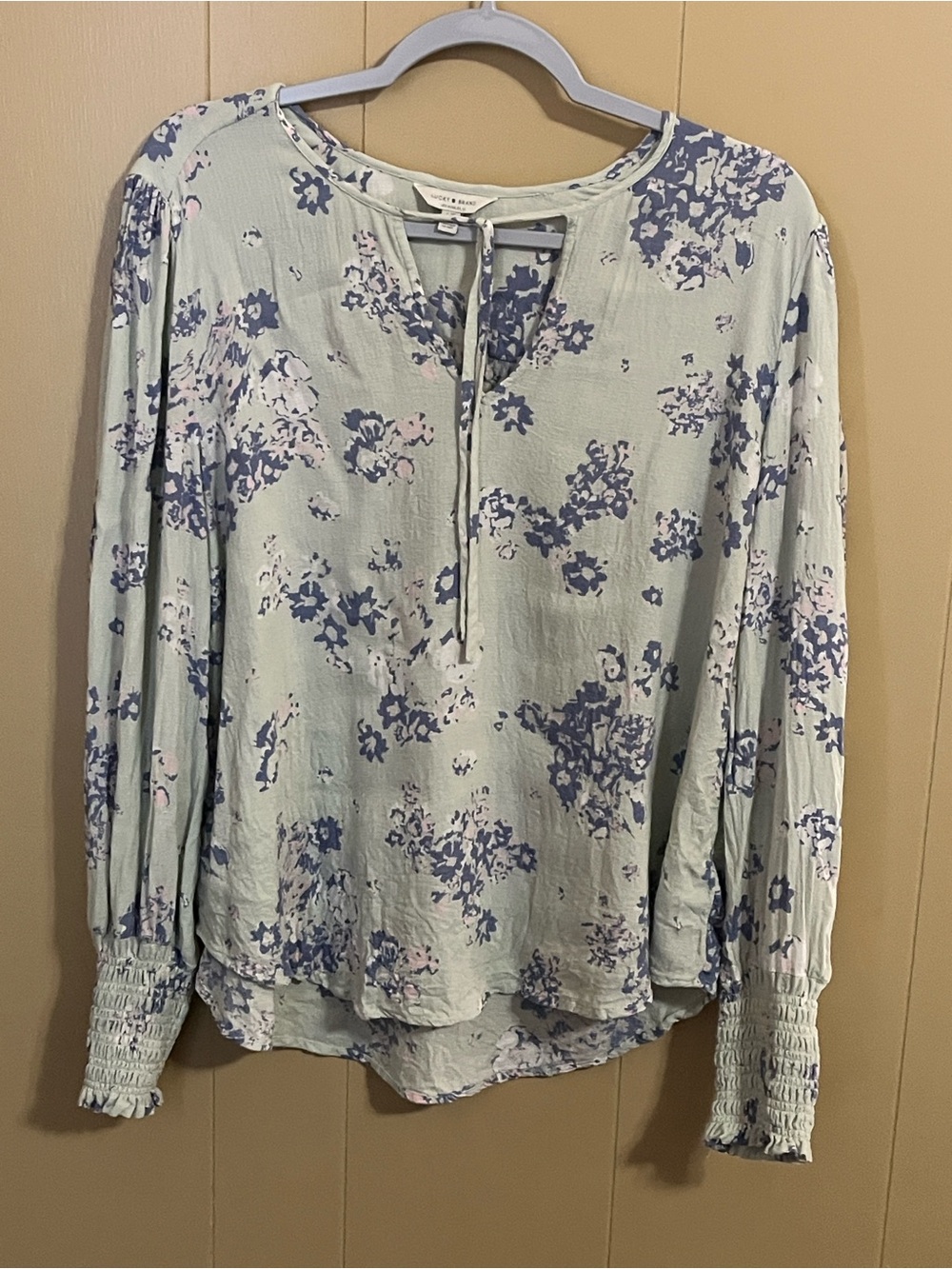 Lucky Brand Mint Green Floral Tie-Neck Peasant Blouse Large
